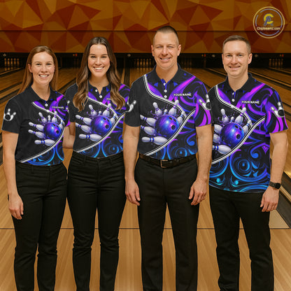 Neon Purple Blue Tribal Bowling Shirts For Men Custom Bowling Team Jersey Polo & Quarter Zip TDM6105