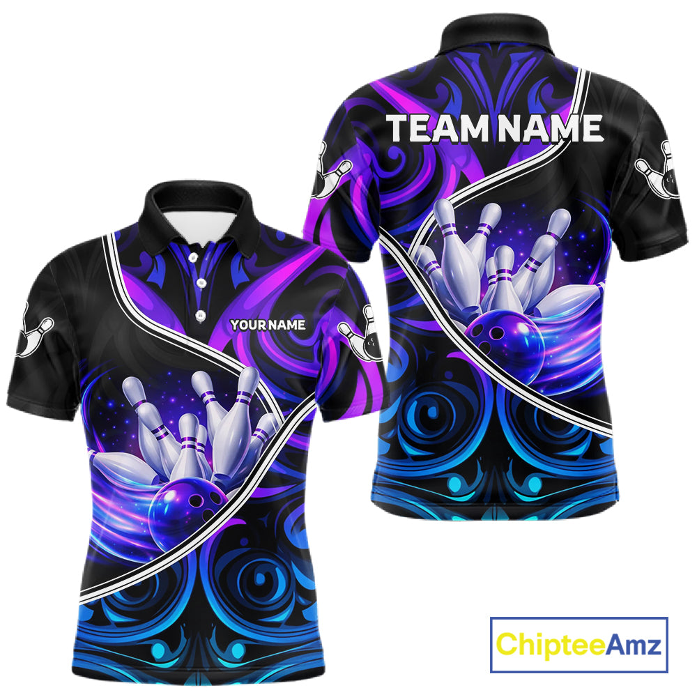 Custom Neon Purple Blue Tribal Bowling Shirts For Men, Bowling Team Jersey Polo & Quarter Zip TDM6106