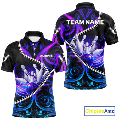 Custom Neon Purple Blue Tribal Bowling Shirts For Men, Bowling Team Jersey Polo & Quarter Zip TDM6106