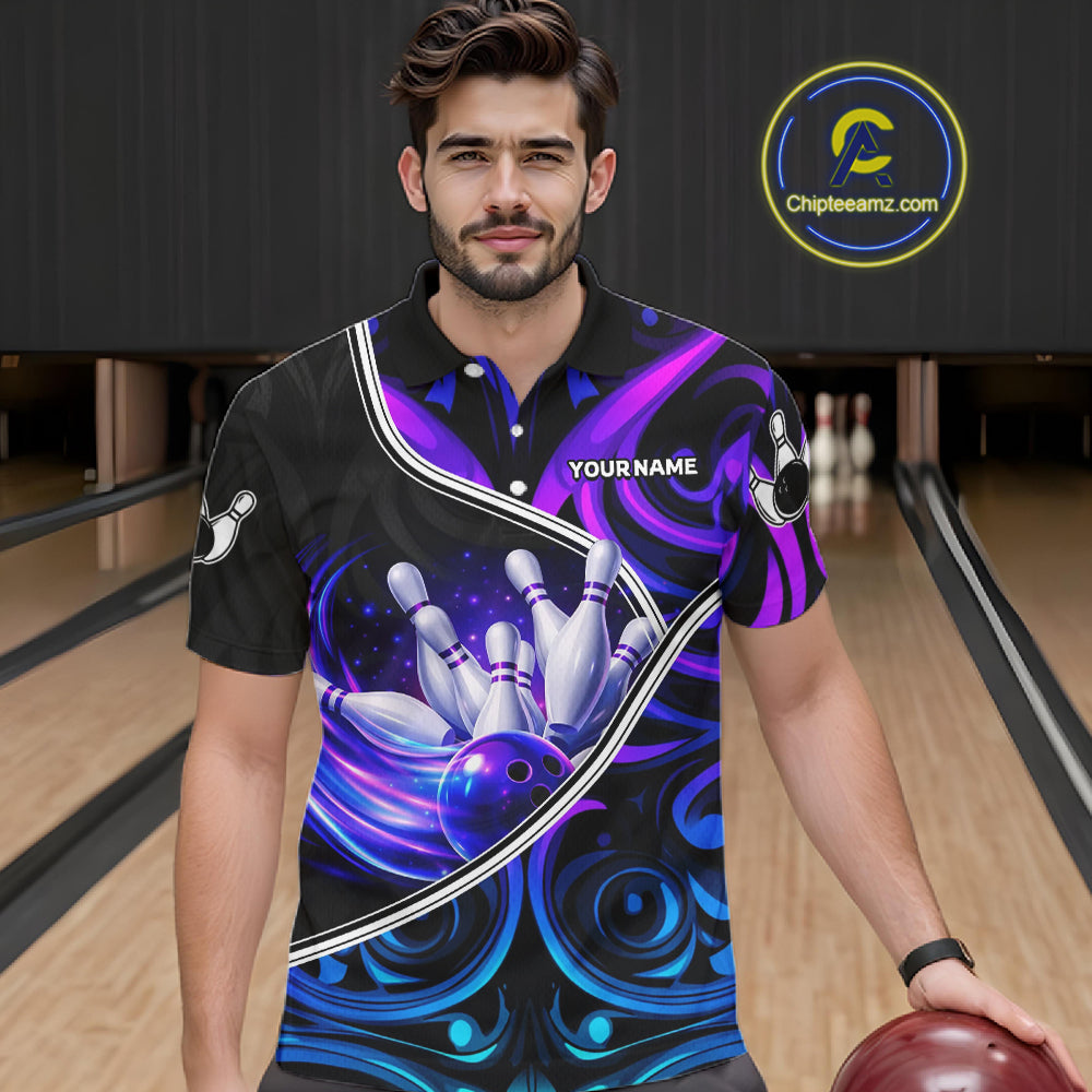 Custom Neon Purple Blue Tribal Bowling Shirts For Men, Bowling Team Jersey Polo & Quarter Zip TDM6106