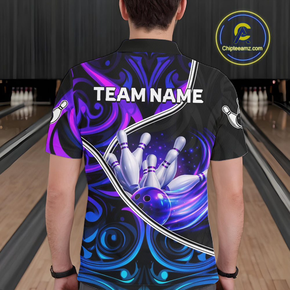 Custom Neon Purple Blue Tribal Bowling Shirts For Men, Bowling Team Jersey Polo & Quarter Zip TDM6106