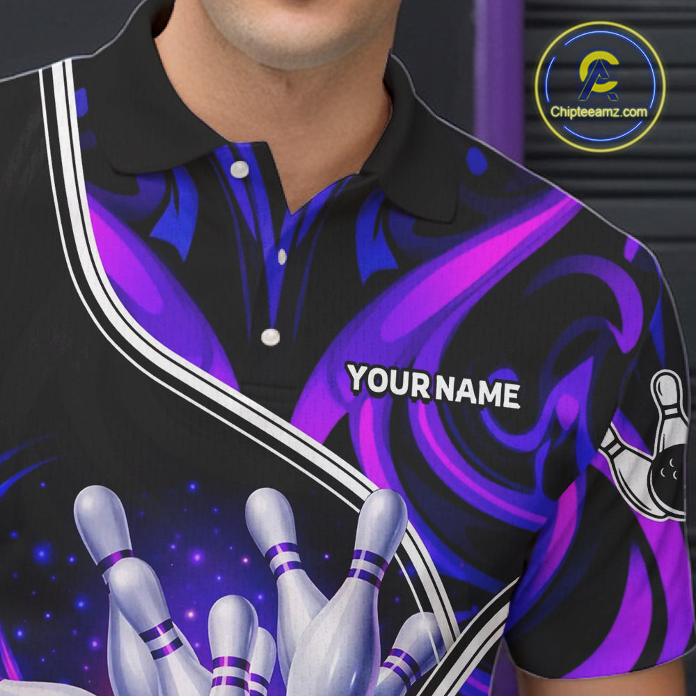Custom Neon Purple Blue Tribal Bowling Shirts For Men, Bowling Team Jersey Polo & Quarter Zip TDM6106