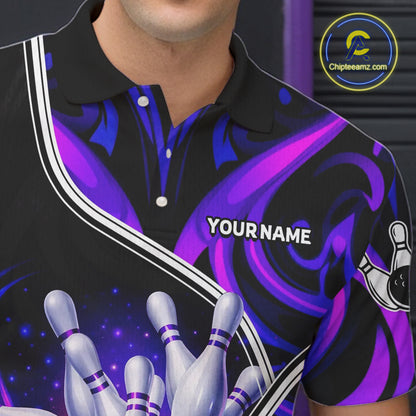 Custom Neon Purple Blue Tribal Bowling Shirts For Men, Bowling Team Jersey Polo & Quarter Zip TDM6106