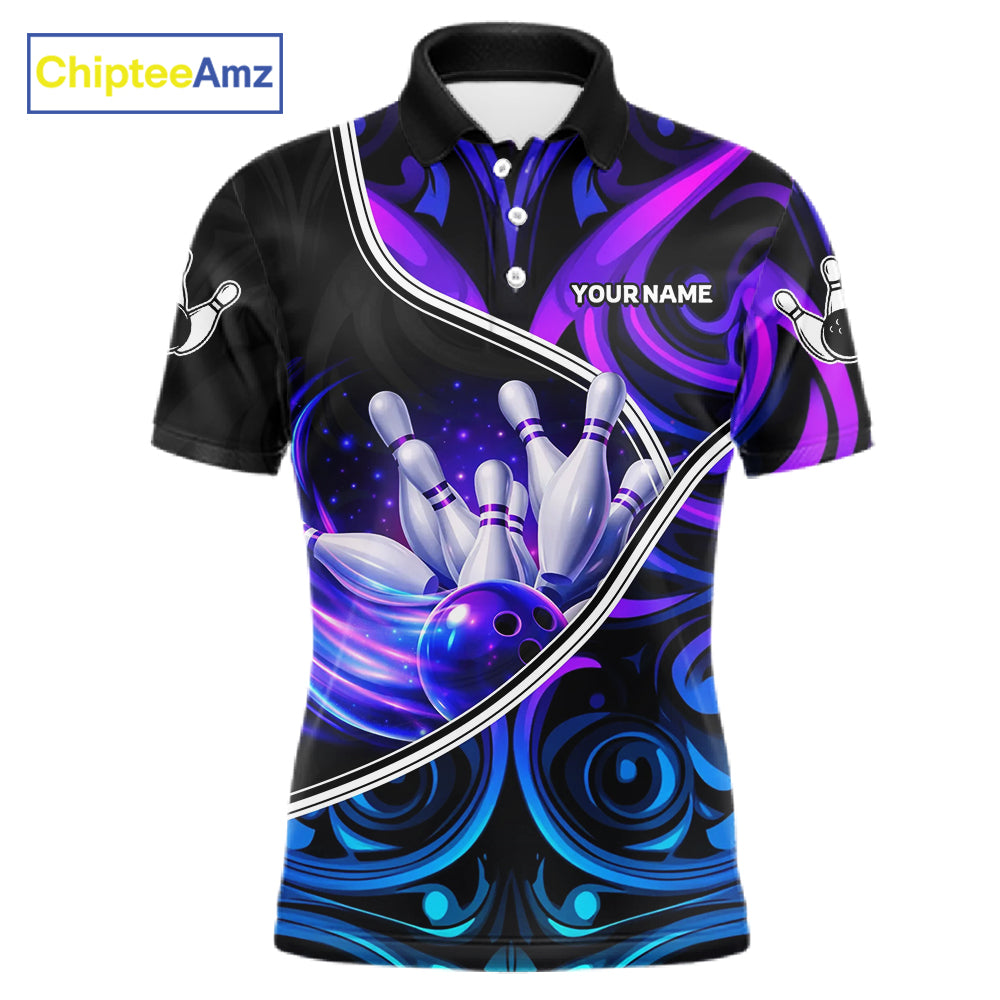 Custom Neon Purple Blue Tribal Bowling Shirts For Men, Bowling Team Jersey Polo & Quarter Zip TDM6106