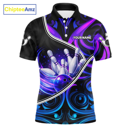 Custom Neon Purple Blue Tribal Bowling Shirts For Men, Bowling Team Jersey Polo & Quarter Zip TDM6106
