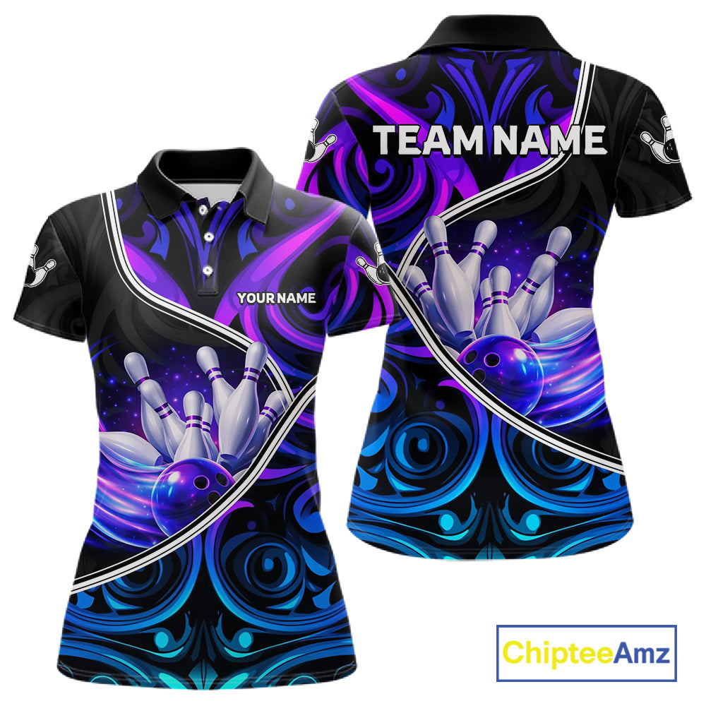 Custom Neon Purple Blue Tribal Bowling Shirts For Women, Bowling Team Jersey Polo & Quarter Zip TDM6106