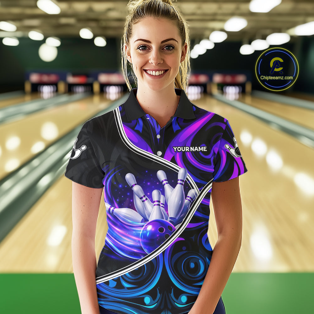 Custom Neon Purple Blue Tribal Bowling Shirts For Women, Bowling Team Jersey Polo & Quarter Zip TDM6106