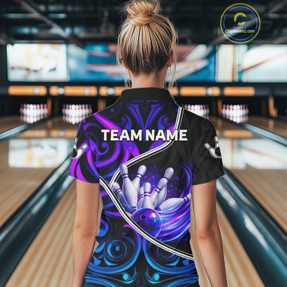 Custom Neon Purple Blue Tribal Bowling Shirts For Women, Bowling Team Jersey Polo & Quarter Zip TDM6106
