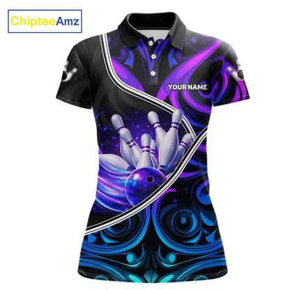 Custom Neon Purple Blue Tribal Bowling Shirts For Women, Bowling Team Jersey Polo & Quarter Zip TDM6106