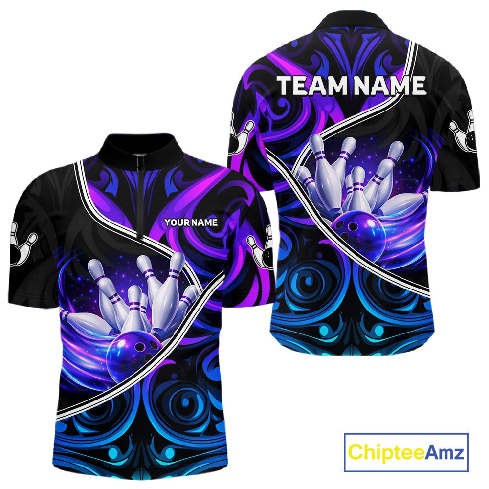Custom Neon Purple Blue Tribal Bowling Shirts For Men, Bowling Team Jersey Polo & Quarter Zip TDM6106