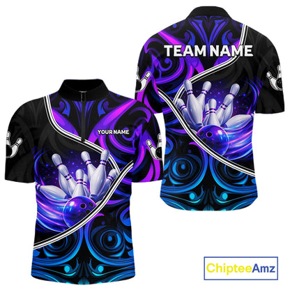 Custom Neon Purple Blue Tribal Bowling Shirts For Men, Bowling Team Jersey Polo & Quarter Zip TDM6106