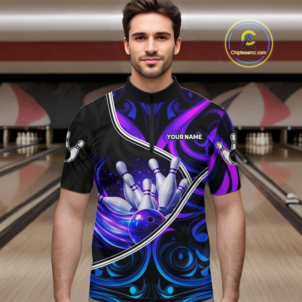 Custom Neon Purple Blue Tribal Bowling Shirts For Men, Bowling Team Jersey Polo & Quarter Zip TDM6106