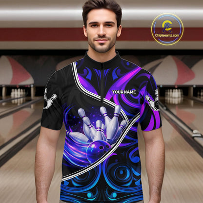 Custom Neon Purple Blue Tribal Bowling Shirts For Men, Bowling Team Jersey Polo & Quarter Zip TDM6106