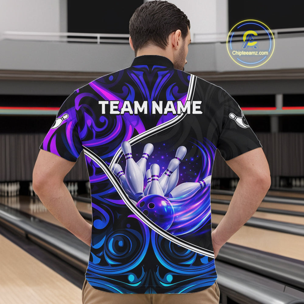 Custom Neon Purple Blue Tribal Bowling Shirts For Men, Bowling Team Jersey Polo & Quarter Zip TDM6106