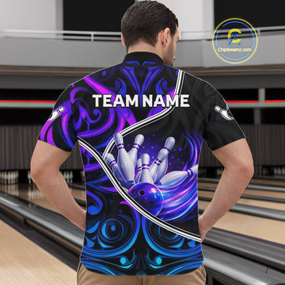 Custom Neon Purple Blue Tribal Bowling Shirts For Men, Bowling Team Jersey Polo & Quarter Zip TDM6106