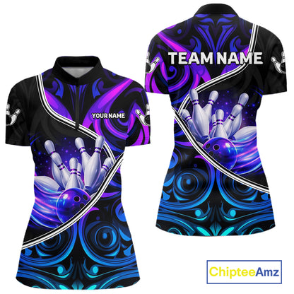 Custom Neon Purple Blue Tribal Bowling Shirts For Women, Bowling Team Jersey Polo & Quarter Zip TDM6106