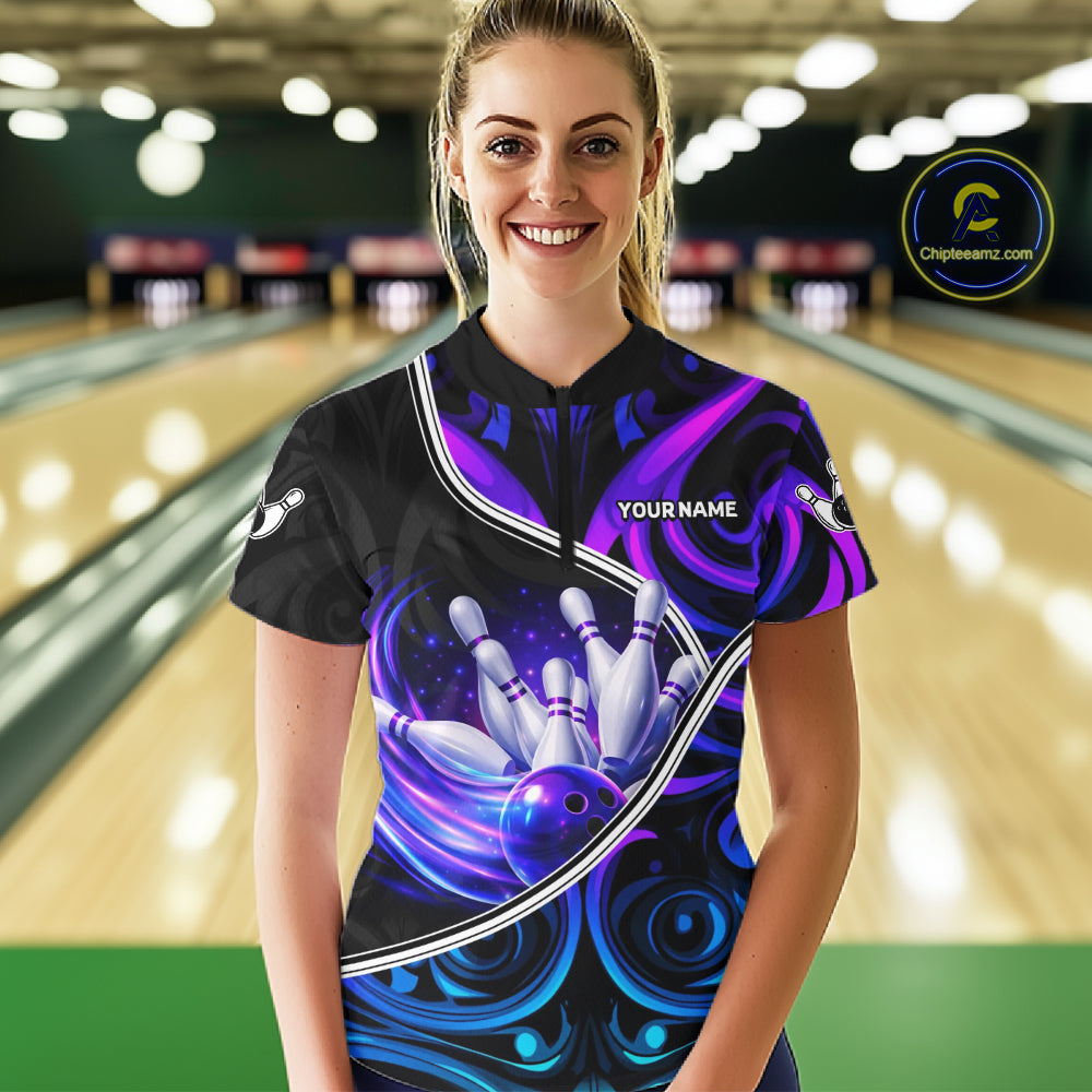 Custom Neon Purple Blue Tribal Bowling Shirts For Women, Bowling Team Jersey Polo & Quarter Zip TDM6106