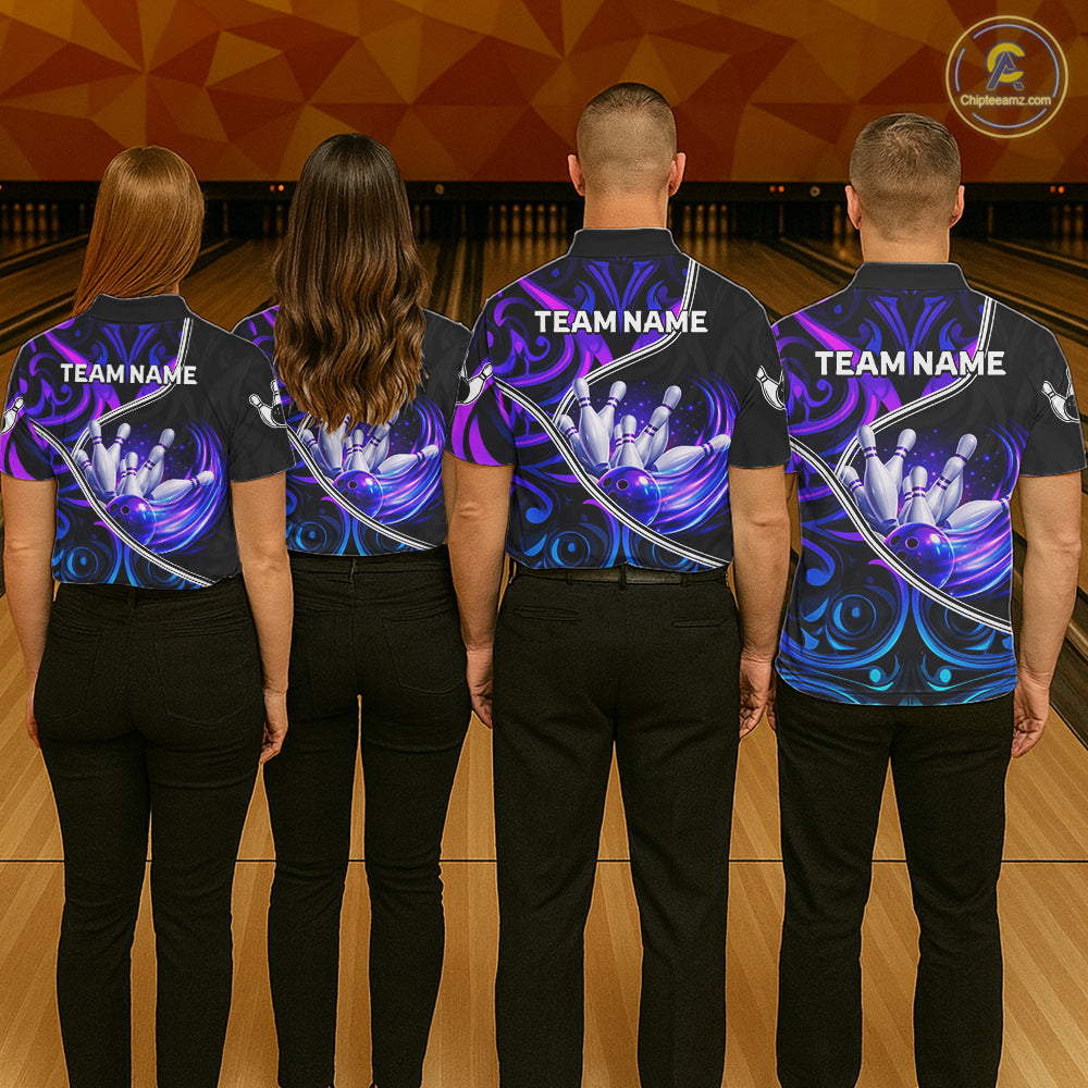 Custom Neon Purple Blue Tribal Bowling Shirts For Men, Bowling Team Jersey Polo & Quarter Zip TDM6106