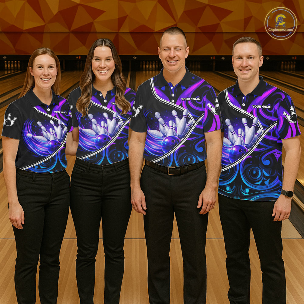 Custom Neon Purple Blue Tribal Bowling Shirts For Men, Bowling Team Jersey Polo & Quarter Zip TDM6106
