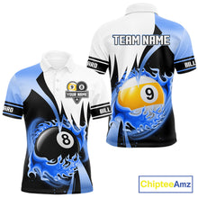 Load image into Gallery viewer, Custom Flame 8 Ball &amp; 9 Ball Billiard Shirt For Men, Pool Team Jersey Polo &amp; Quarter Zip |Blue TDM6540