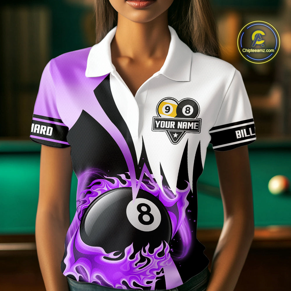 Custom Flame 8 Ball & 9 Ball Billiard Shirt For Women, Pool Team Jersey Polo & Quarter Zip |Purple TDM6541
