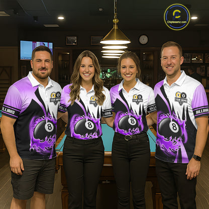 Custom Flame 8 Ball & 9 Ball Billiard Shirt For Men, Pool Team Jersey Polo & Quarter Zip |Purple TDM6541