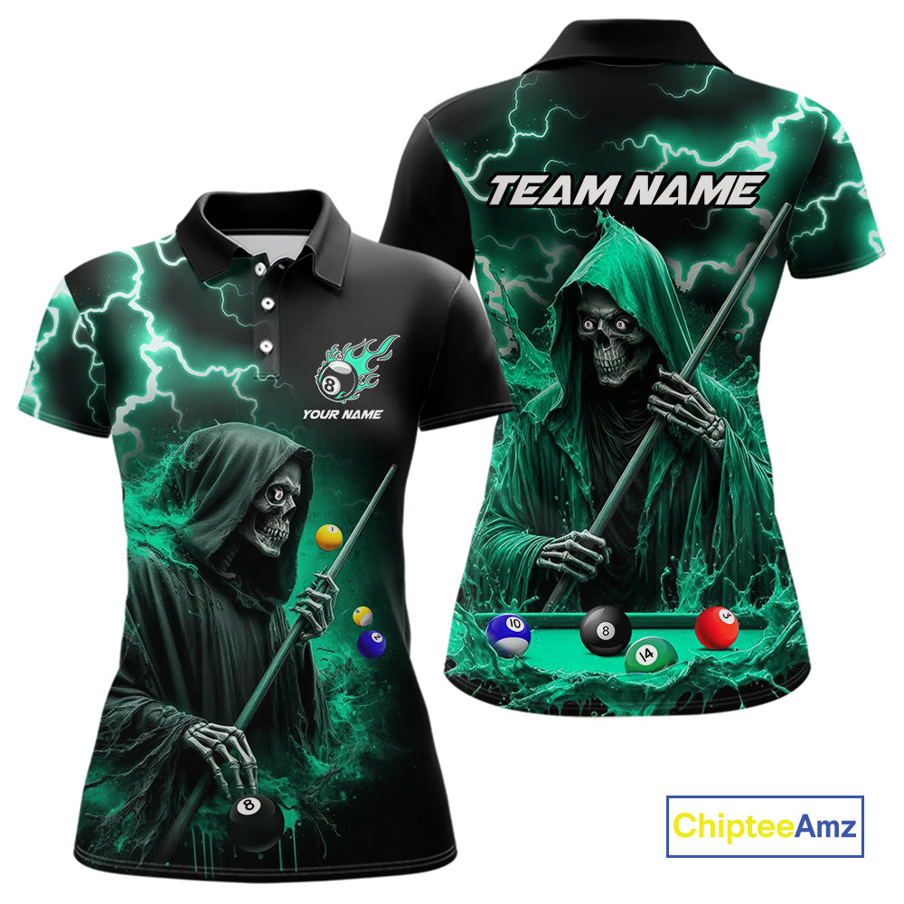 Turquoise Grim Reaper Billiard Shirts For Women Custom Thunder Lightning Team League Billiard Jersey TDM4601