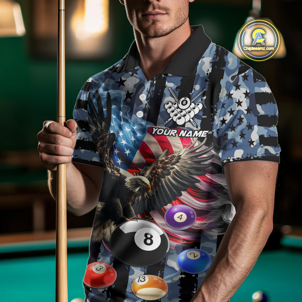 Blue Camo American Flag Eagle 8 Ball Billiard Shirt For Men Custom Patriotic Pool Team Jerseys TDM4809