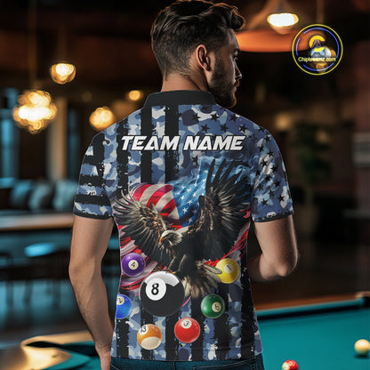 Blue Camo American Flag Eagle 8 Ball Billiard Shirt For Men Custom Patriotic Pool Team Jerseys TDM4809