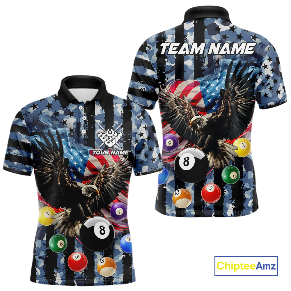Blue Camo American Flag Eagle 8 Ball Billiard Shirt For Men Custom Patriotic Pool Team Jerseys TDM4809