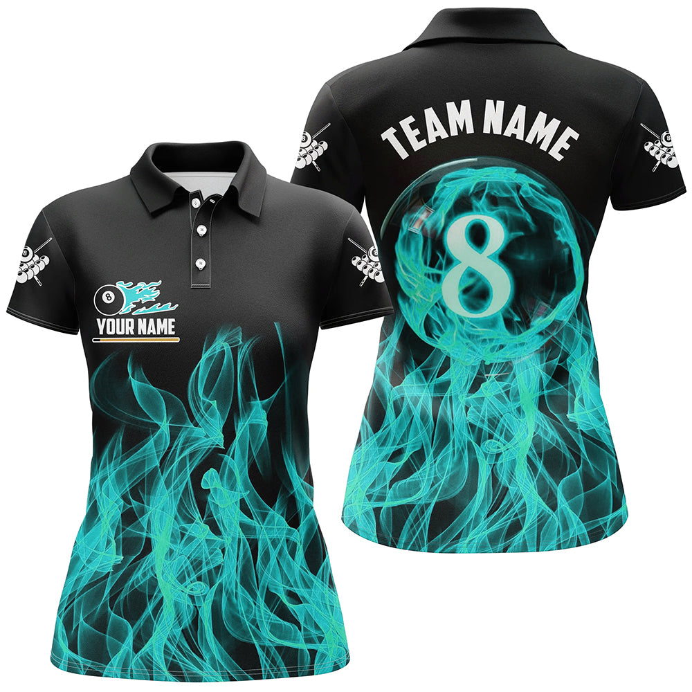3D Turquoise Flaming 8 Ball Pool Women Billiard Polo & 1/4 Zip Shirt Custom Pool Player Jersey TDM2772