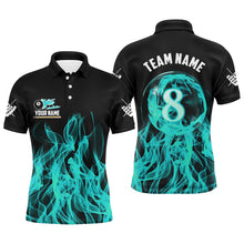 Load image into Gallery viewer, 3D Turquoise Flaming 8 Ball Pool Men Billiard Polo &amp; 1/4 Zip Shirt Custom Pool Player Jersey TDM2772