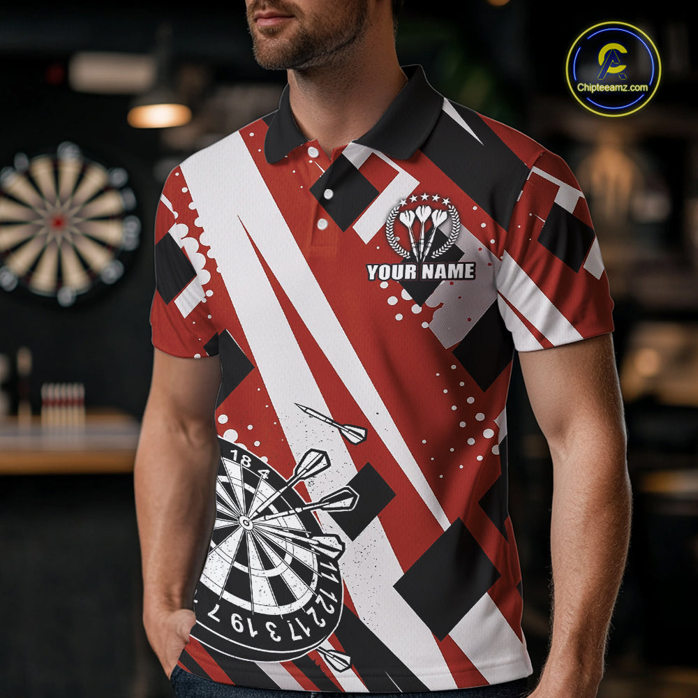 Custom Red Geometric Darts Polo & Quarter Zip For Men, Personalized Darts Team Jersey Outfit TDM5026