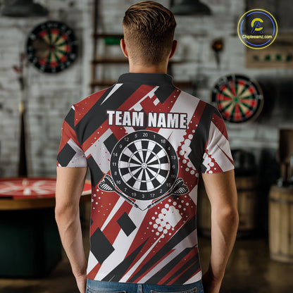 Custom Red Geometric Darts Polo & Quarter Zip For Men, Personalized Darts Team Jersey Outfit TDM5026