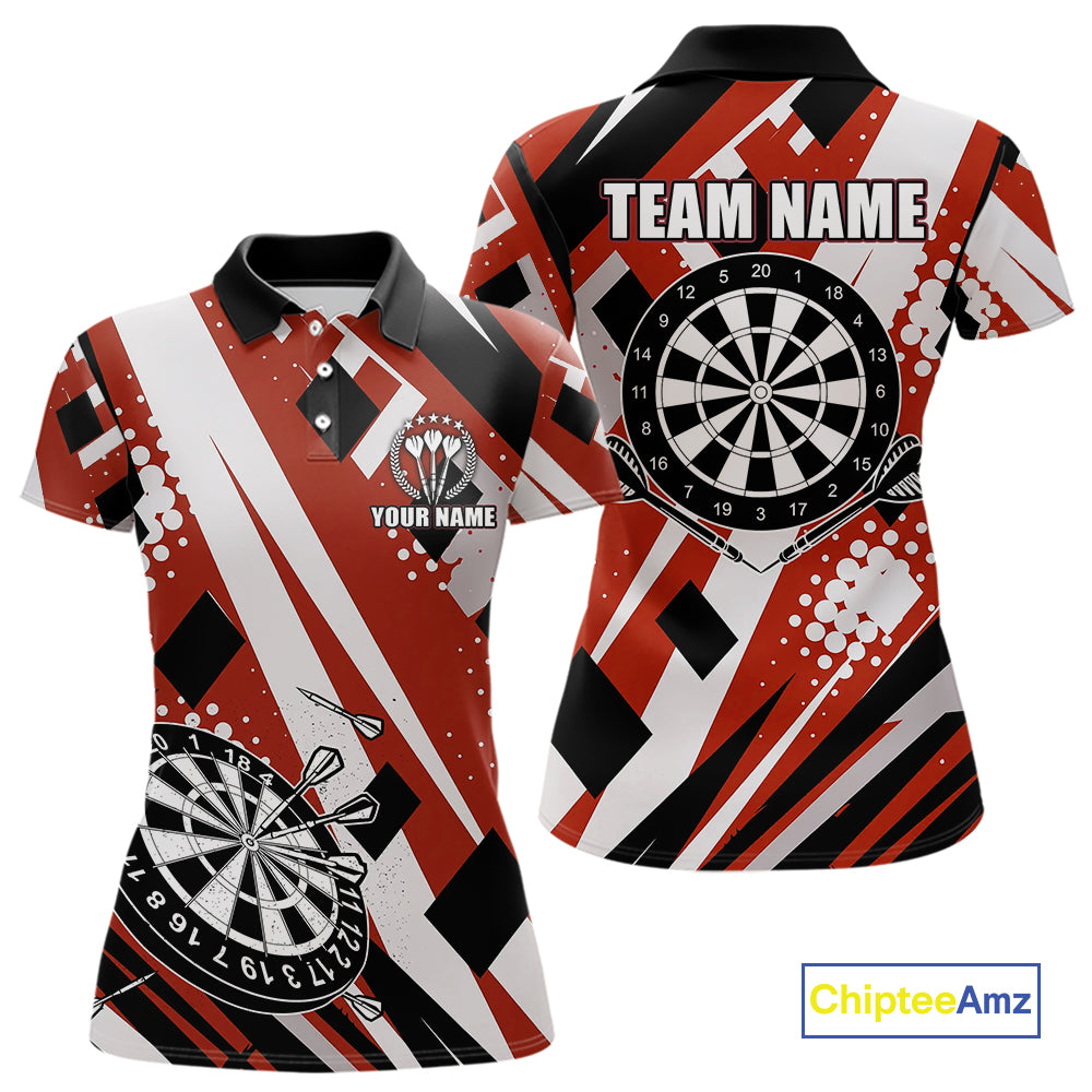Custom Red Geometric Darts Polo & Quarter Zip For Women, Personalized Darts Team Jersey Outfit TDM5026