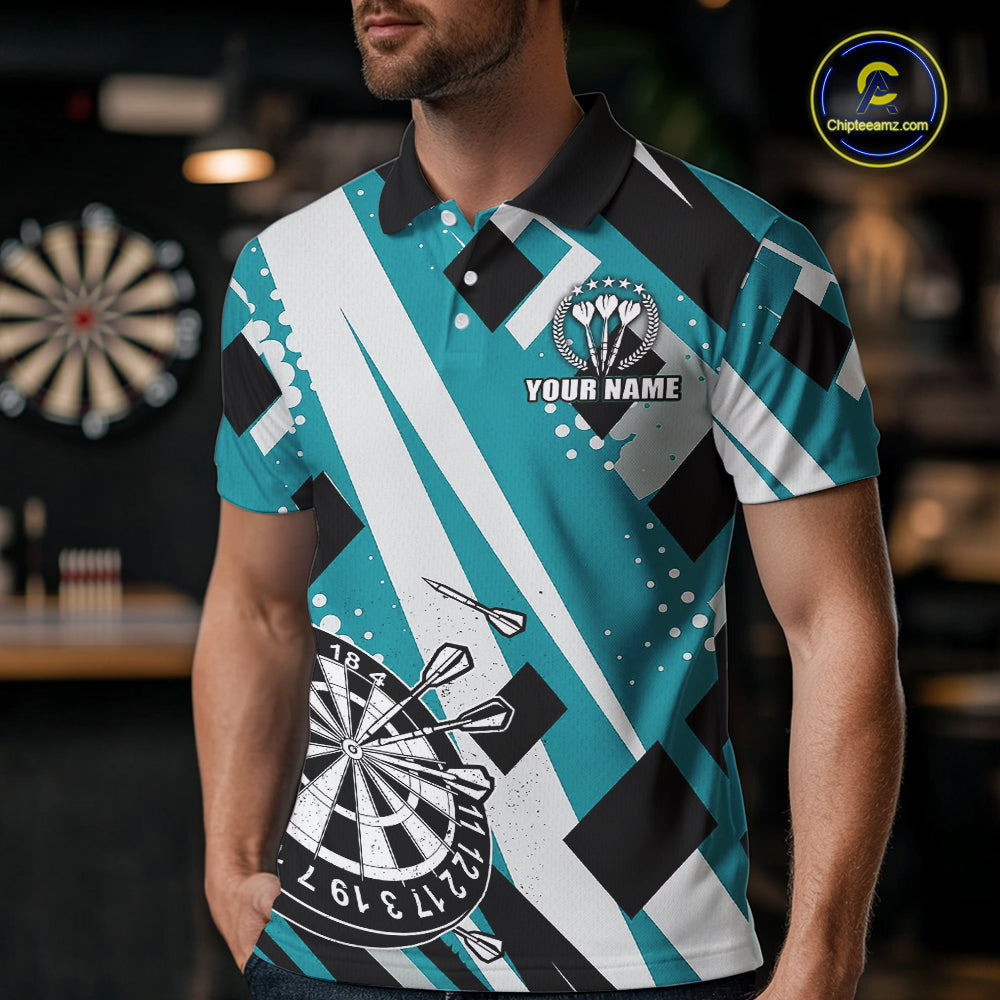 Custom Turquoise Geometric Darts Polo & Quarter Zip For Men, Darts Team Jersey Outfit TDM5027