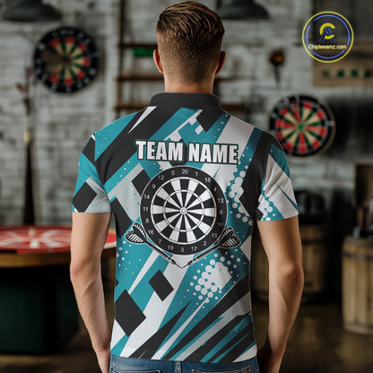 Custom Turquoise Geometric Darts Polo & Quarter Zip For Men, Darts Team Jersey Outfit TDM5027