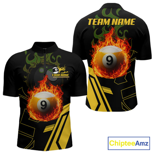 Billiard Flaming 9 Ball Pool 3D Printed Men Quarter-Zip Shirts, Custom Pool Team Jerseys TDM0945