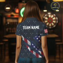 Load image into Gallery viewer, Navy Blue American Flag Darts Shirt For Women Custom Darts Polo &amp; 1/4 Zip, Patriotic Darts Jersey TDM5954
