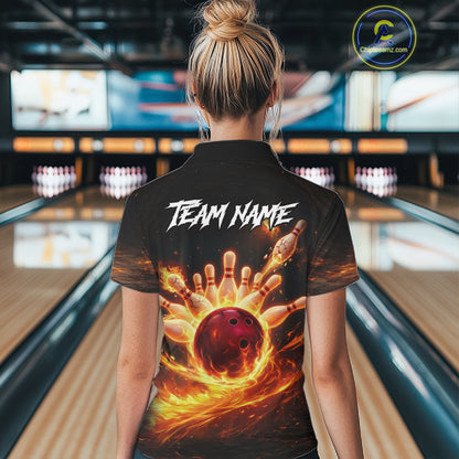 Personalized Fire Flame Lion Bowling Jersey For Women Custom Bowling Team Shirt Polo & 1/4 Zip TDM6115