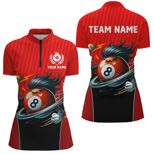 Customized Red Billiard 8 Ball Funny Cartoon Women Quarter-Zip Shirts, Billiard Shirts Funny TDM1481