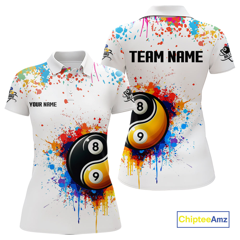 Funny Yin Yang 8 Ball & 9 Ball Colorful Splash Custom Women's Billiard Shirts, Pool Jerseys|White TDM4018