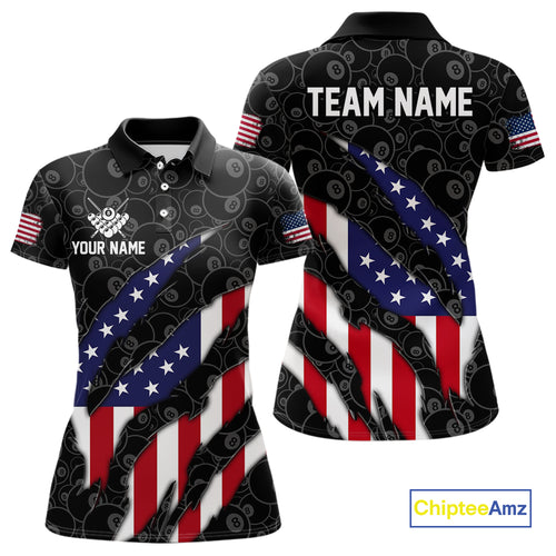 Personalized American Flag Billiard Shirts For Women, Patriotic 8 Ball Pool Team Jersey | Black TDM4027