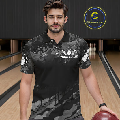 Custom Black And Grey Camo Bowling Shirt For Men, Grunge Bowling Team Jersey Polo & 1/4 Zip TDM6543