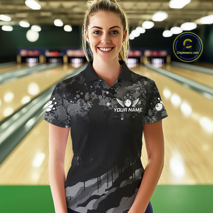 Custom Black And Grey Camo Bowling Shirt For Women, Grunge Bowling Team Jersey Polo & 1/4 Zip TDM6543