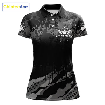 Custom Black And Grey Camo Bowling Shirt For Women, Grunge Bowling Team Jersey Polo & 1/4 Zip TDM6543
