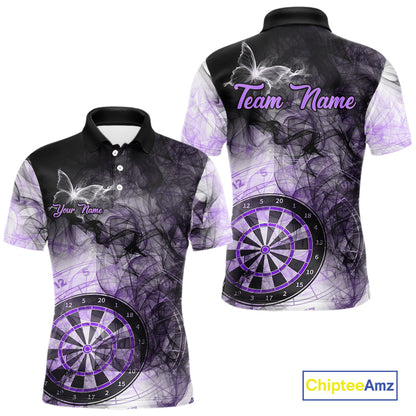 Purple butterfly smoke darts polo shirt for men with custom darts team graphics.