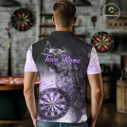 Back view of man wearing a purple butterfly smoke darts shirt.