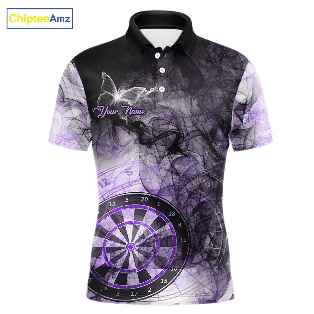 Purple butterfly smoke darts polo shirt for men with custom darts team graphics.