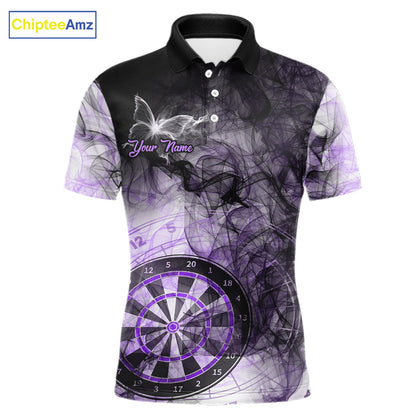 Purple butterfly smoke darts polo shirt for men with custom darts team graphics.